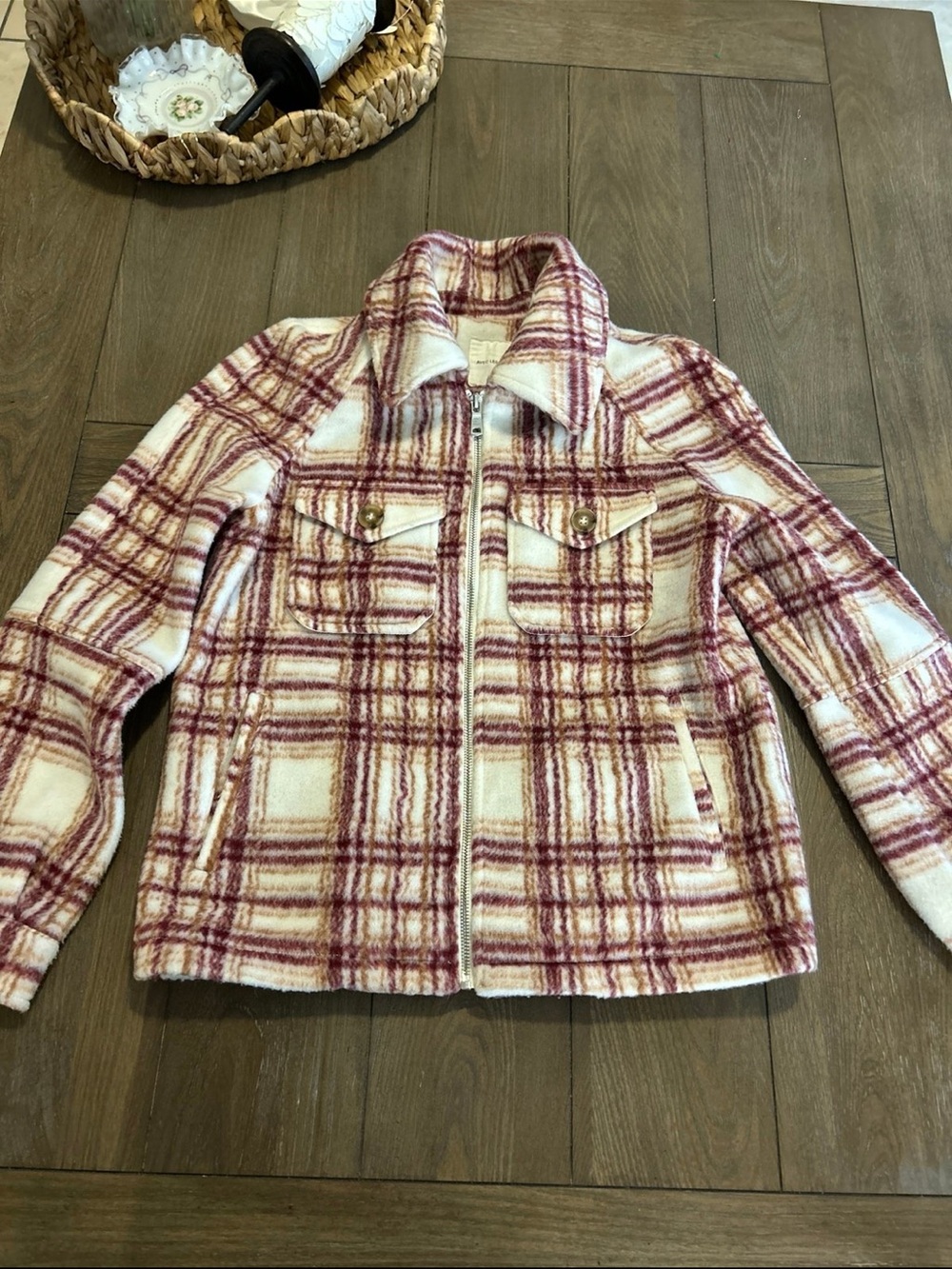 Avec Les Filles Cream and Burgundy Plaid Teddy Jacket